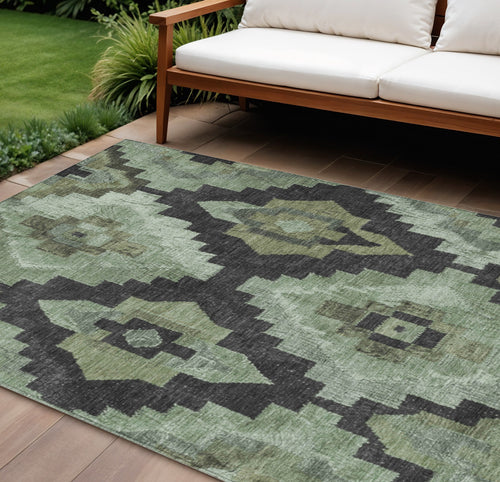 10 X 14 Artichoke Green And Charcoal Aztec Washable Indoor Outdoor Area Rug