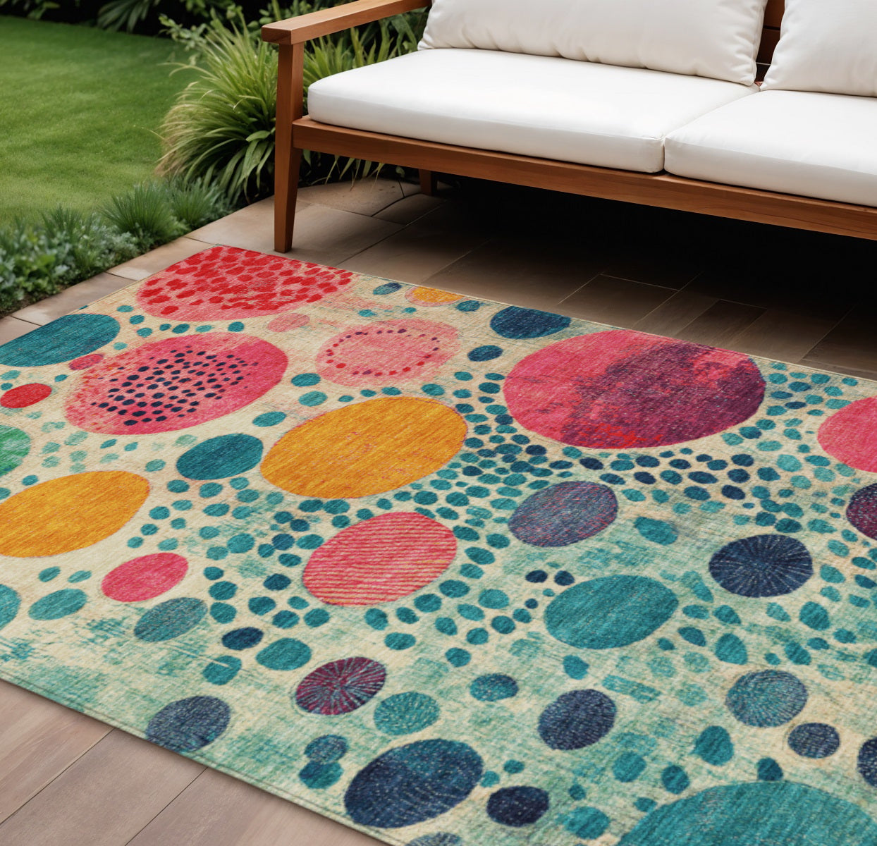 8 X 10 Teal Blue Pink And Orange Geometric Washable Indoor Outdoor Area Rug