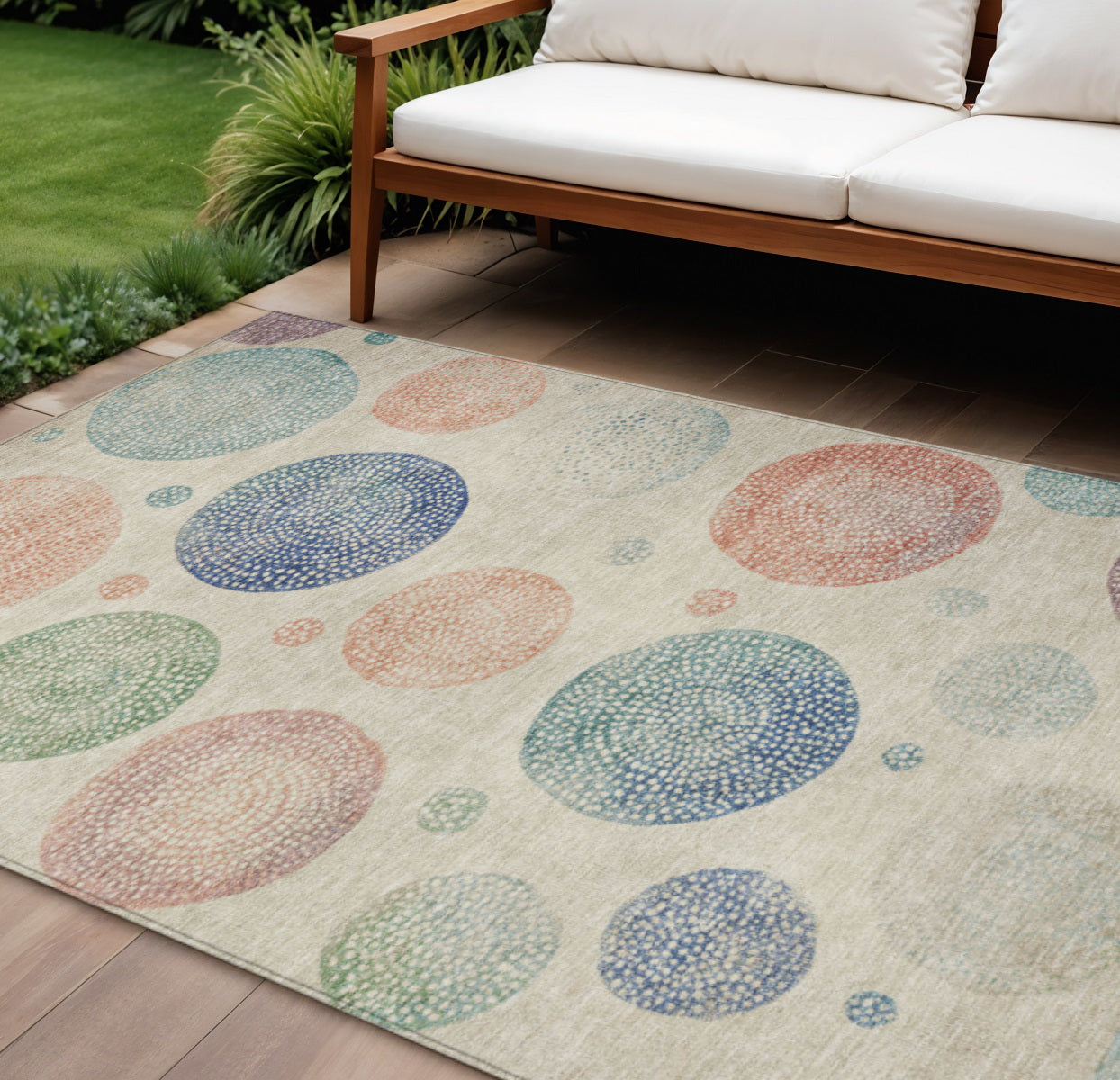 9 X 12 Ivory And Peach Geometric Washable Indoor Outdoor Area Rug