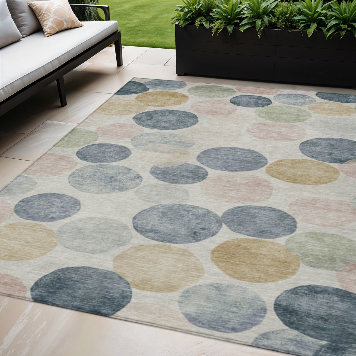 5 X 8 Beige Navy Blue And Gold Geometric Washable Indoor Outdoor Area Rug