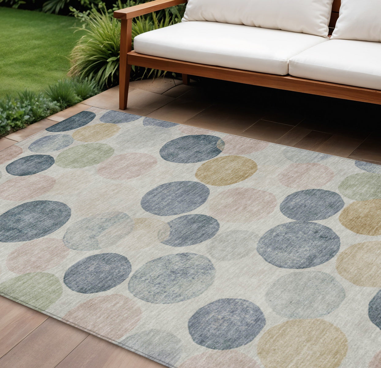 8 X 10 Beige Navy Blue And Gold Geometric Washable Indoor Outdoor Area Rug