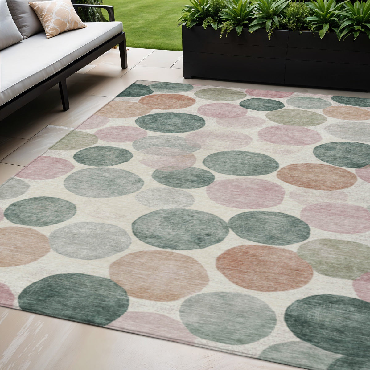 5 X 8 Salmon Green And Peach Geometric Washable Indoor Outdoor Area Rug