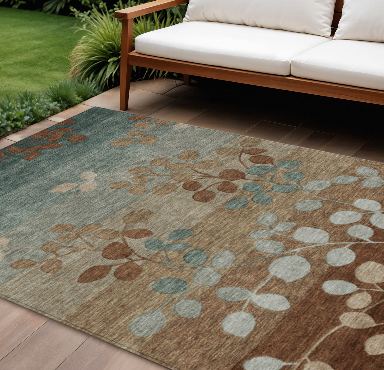 10 X 14 Brown And Teal Blue Floral Washable Indoor Outdoor Area Rug