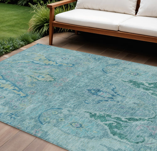 10 X 14 Blue Pale Aqua And Artichoke Green Floral Washable Indoor Outdoor Area Rug