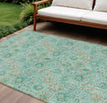 9 X 12 Aqua And Beige Floral Washable Indoor Outdoor Area Rug