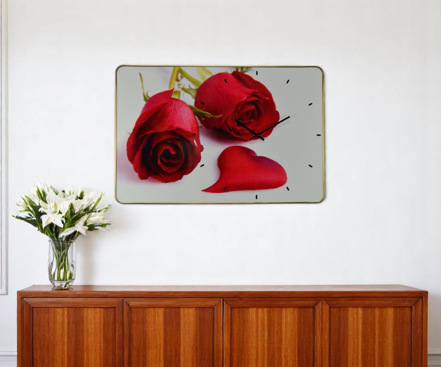 24'' Red White And Gold Solid Wood and Acrylic Silent Roses Floral Wall Clock