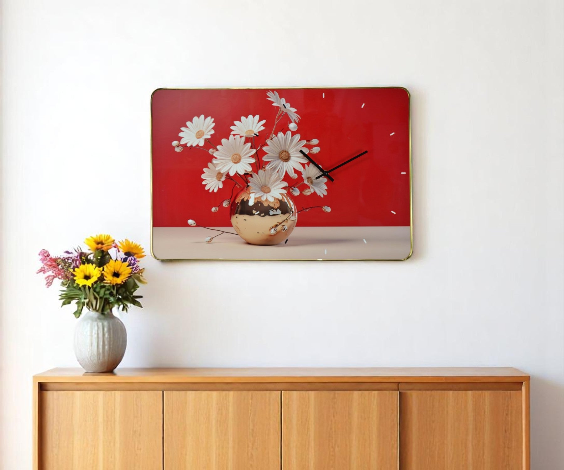 24'' Gold Red And White Solid Wood and Acrylic Silent Daisies Floral Wall Clock
