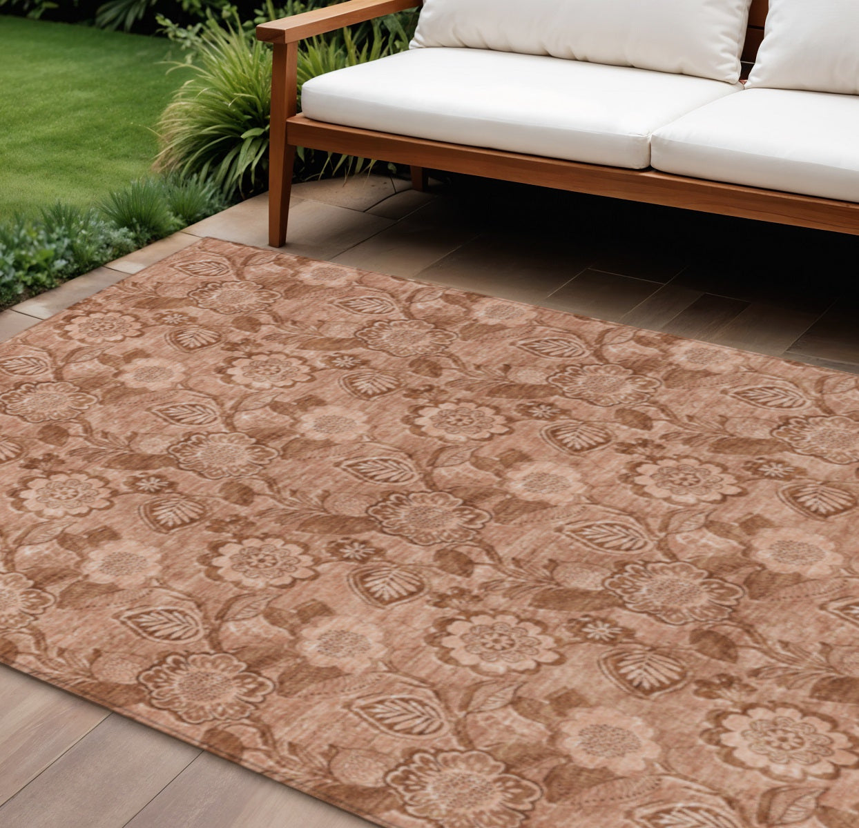8 X 10 Terra Cotta And Copper Floral Washable Indoor Outdoor Area Rug