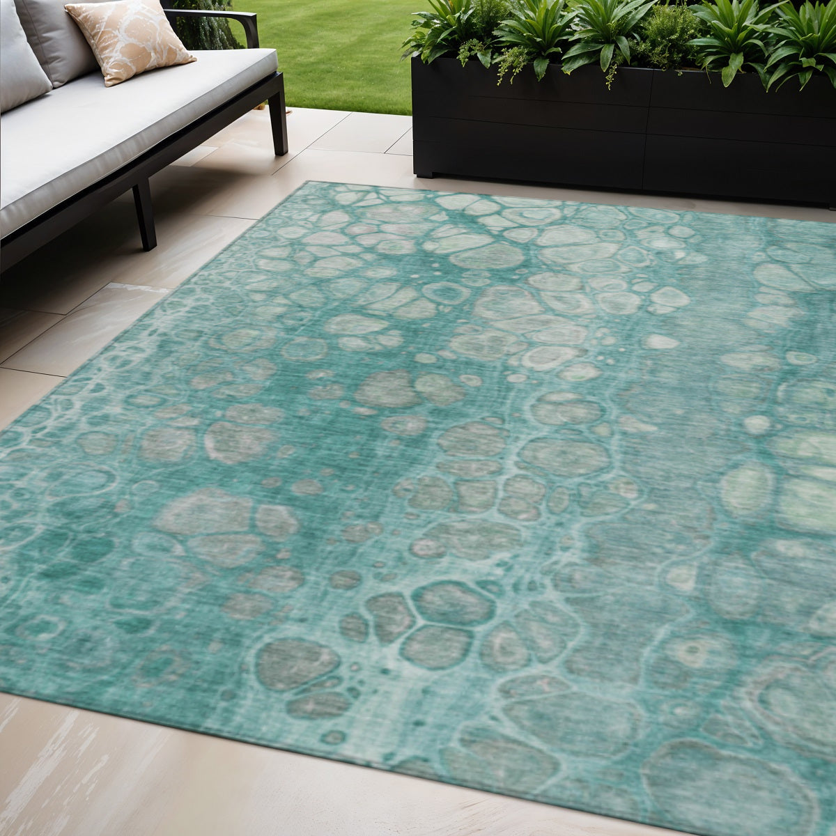 5 X 8 Aqua And Silver Abstract Washable Indoor Outdoor Area Rug