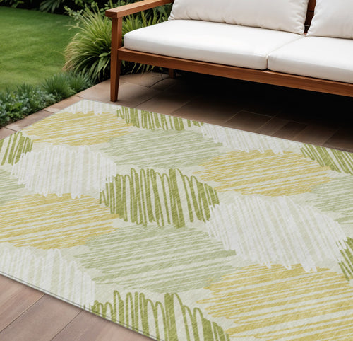 10 X 14 Green Ivory And Gold Geometric Washable Indoor Outdoor Area Rug
