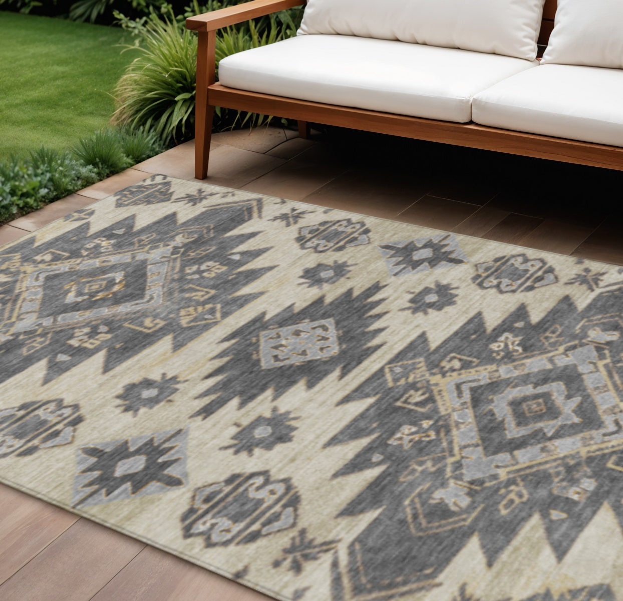 9 X 12 Beige And Gray Tribal Washable Indoor Outdoor Area Rug