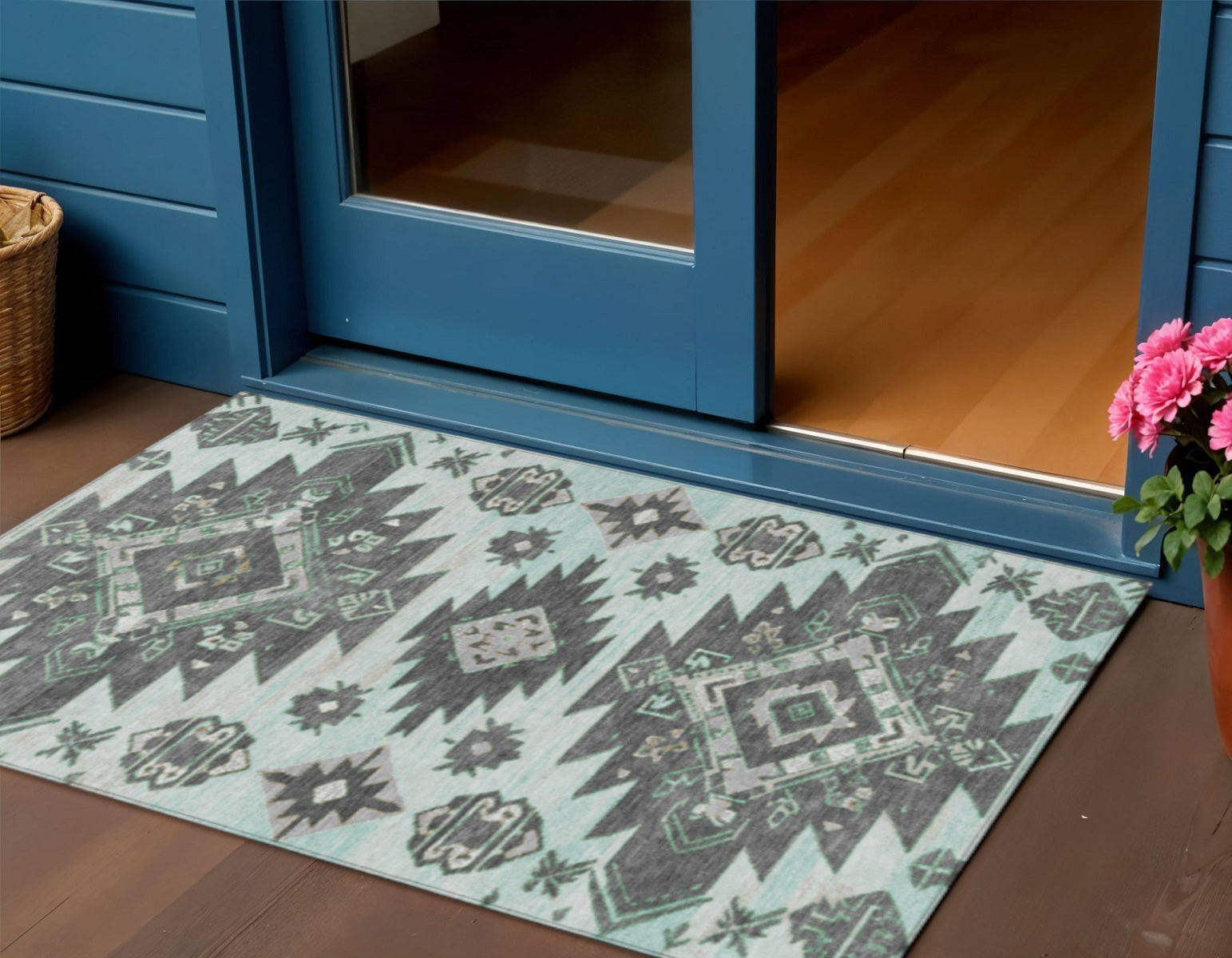 3 X 5 Mint Green And Charcoal Tribal Washable Indoor Outdoor Area Rug