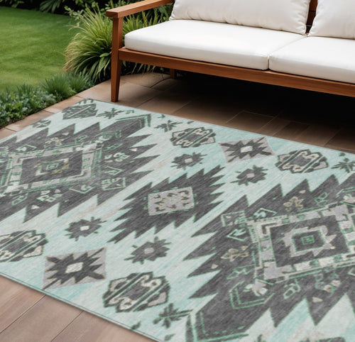 10 X 14 Mint Green And Charcoal Tribal Washable Indoor Outdoor Area Rug