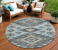 8 Teal Blue And Charcoal Round Tribal Washable Indoor Outdoor Area Rug