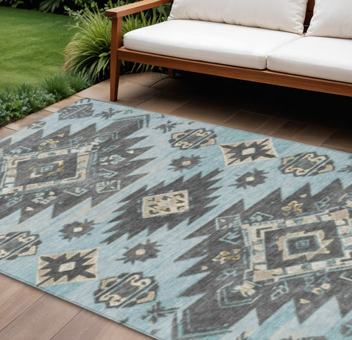 10 X 14 Teal Blue And Charcoal Tribal Washable Indoor Outdoor Area Rug