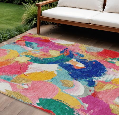 10 X 14 Blush Gold And Teal Blue Abstract Washable Indoor Outdoor Area Rug