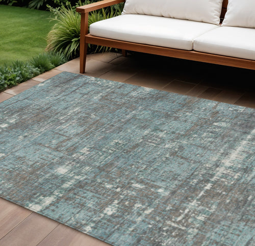10 X 14 Taupe And Teal Blue Geometric Washable Indoor Outdoor Area Rug