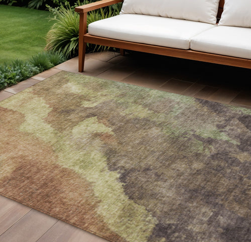 10 X 14 Brown And Fern Green Abstract Washable Indoor Outdoor Area Rug
