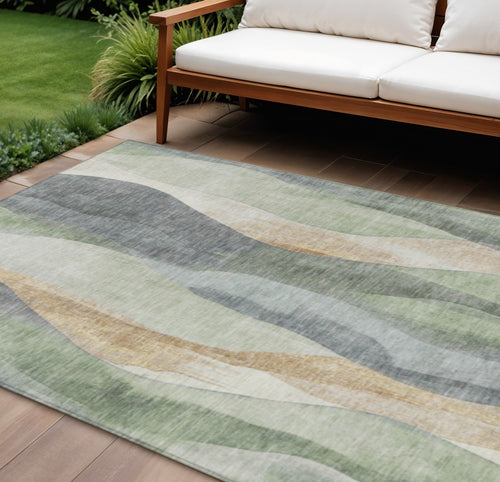 10 X 14 Artichoke Green And Gray Abstract Washable Indoor Outdoor Area Rug