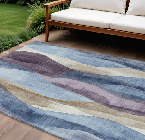 10 X 14 Denim Blue And Purple Abstract Washable Indoor Outdoor Area Rug