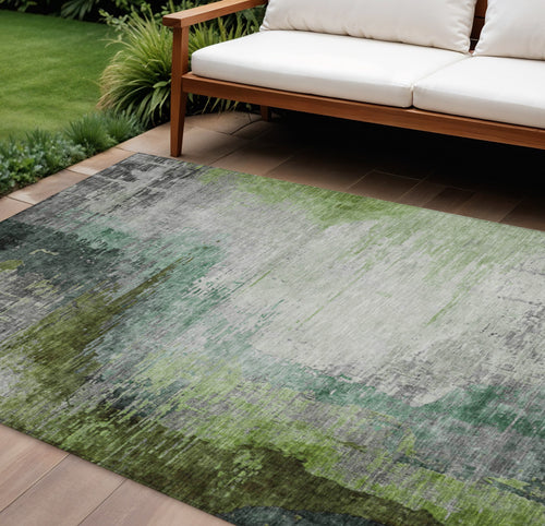 10 X 14 Green Charcoal And Silver Abstract Washable Indoor Outdoor Area Rug