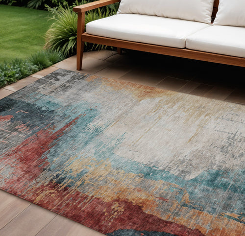 10 X 14 Teal Blue Mauve And Beige Abstract Washable Indoor Outdoor Area Rug