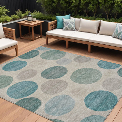 10 X 14 Teal Blue Ivory And Pale Aqua Geometric Washable Indoor Outdoor Area Rug