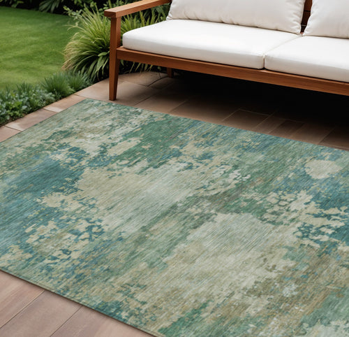10 X 14 Teal Blue Beige And Denim Blue Abstract Washable Indoor Outdoor Area Rug