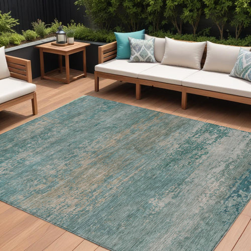 10 X 14 Aqua And Beige Abstract Washable Indoor Outdoor Area Rug