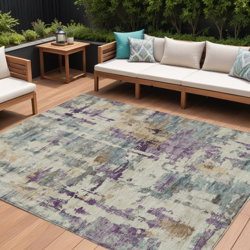 10 X 14 Linen Purple And Gold Abstract Washable Indoor Outdoor Area Rug