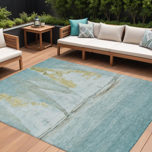 10 X 14 Teal Blue And Gold Nautical Washable Indoor Outdoor Area Rug