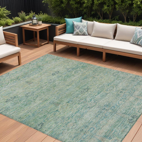 10 X 14 Teal Blue And Linen Oriental Washable Indoor Outdoor Area Rug