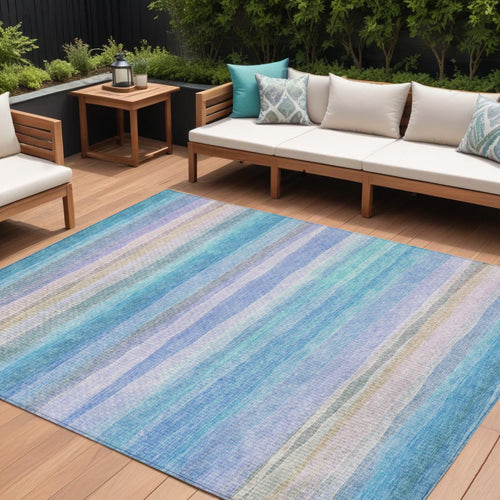 10 X 14 Aqua Lavender And Peach Striped Washable Indoor Outdoor Area Rug