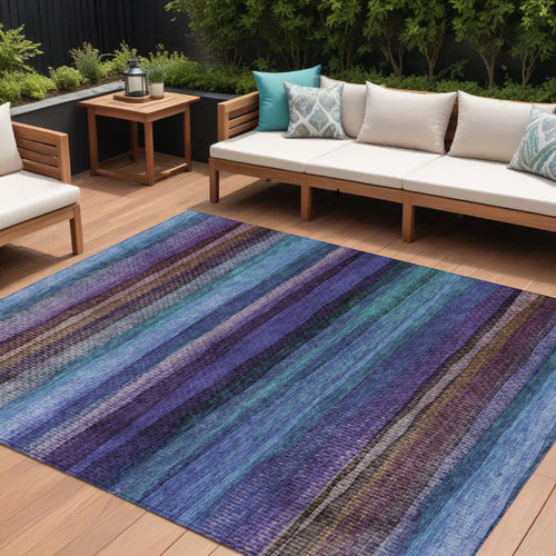 10 X 14 Blue Purple And Taupe Striped Washable Indoor Outdoor Area Rug