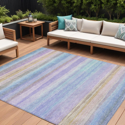 10 X 14 Lavender Sky Blue And Beige Striped Washable Indoor Outdoor Area Rug