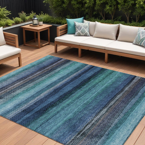 10 X 14 Teal Blue Aqua And Navy Blue Striped Washable Indoor Outdoor Area Rug