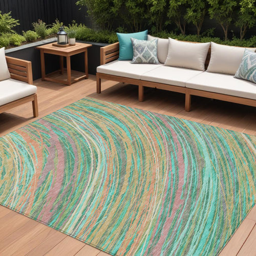 10 X 14 Teal Blue Pink And Peach Abstract Washable Indoor Outdoor Area Rug