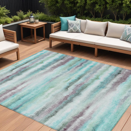 10 X 14 Teal Blue Plum And Ivory Striped Washable Indoor Outdoor Area Rug