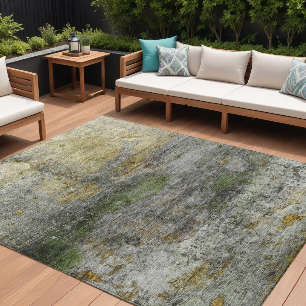 9 X 12 Olive Green Gold And Gray Abstract Washable Indoor Outdoor Area Rug