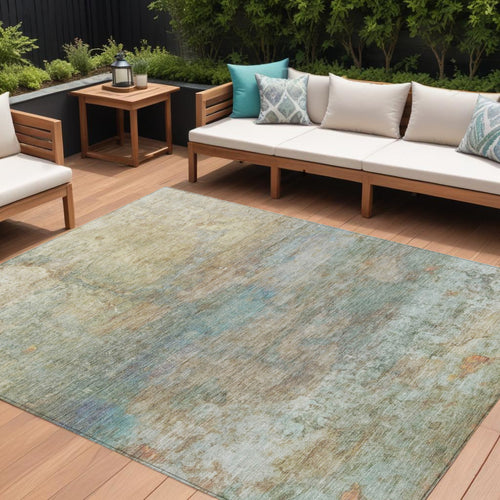 10 X 14 Wheat Sky Blue And Beige Abstract Washable Indoor Outdoor Area Rug