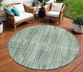 8 Artichoke Green And Teal Blue Round Striped Washable Indoor Outdoor Area Rug