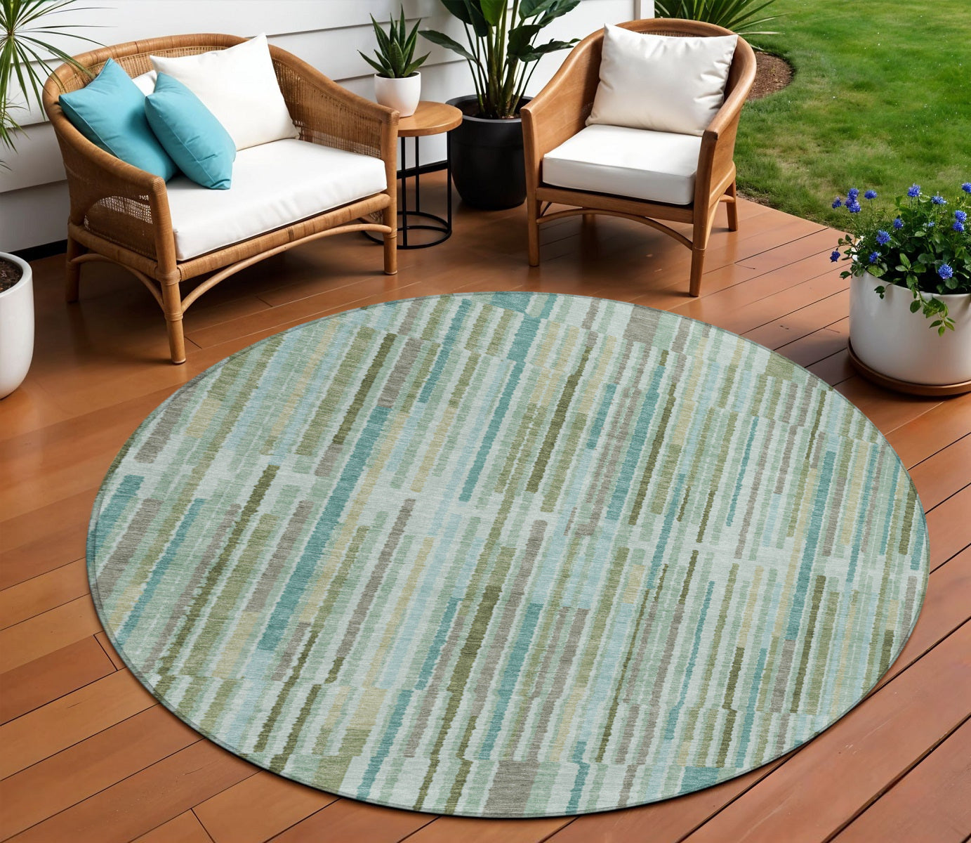 8 Artichoke Green And Teal Blue Round Striped Washable Indoor Outdoor Area Rug