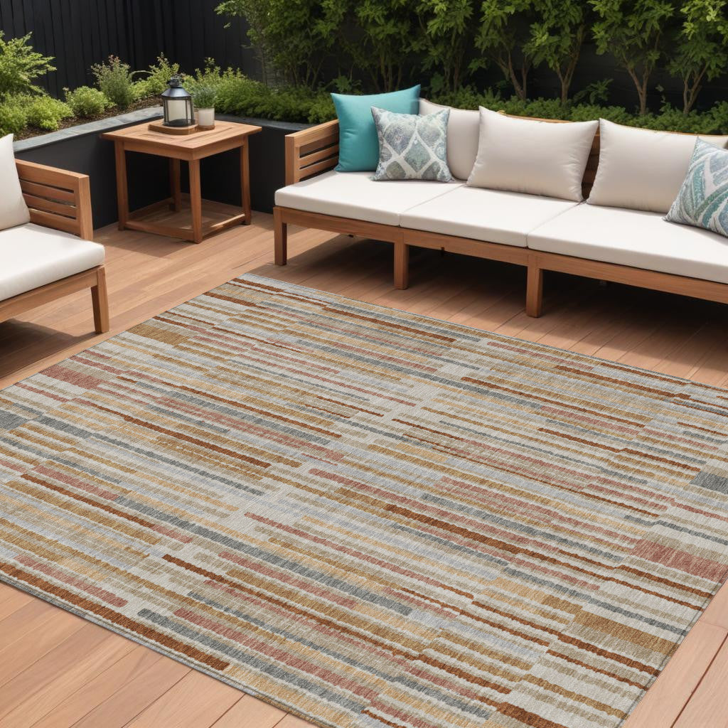 10 X 14 Rust And Ivory Striped Washable Indoor Outdoor Area Rug