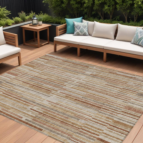 10 X 14 Terra Cotta And Beige Striped Washable Indoor Outdoor Area Rug