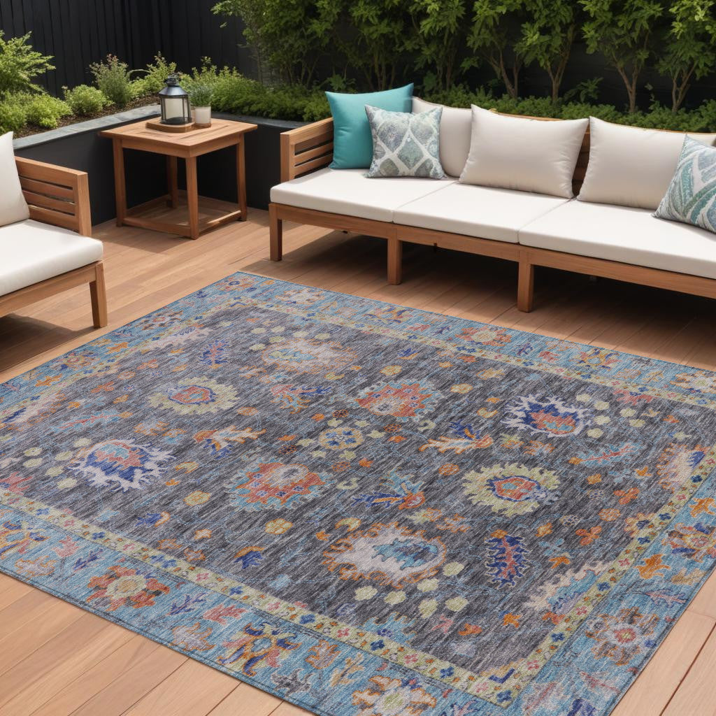 9 X 12 Gray And Denim Blue Floral Washable Indoor Outdoor Area Rug
