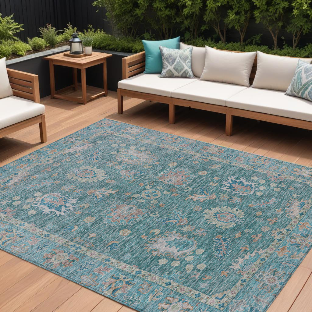 8 X 10 Teal Blue And Beige Floral Washable Indoor Outdoor Area Rug