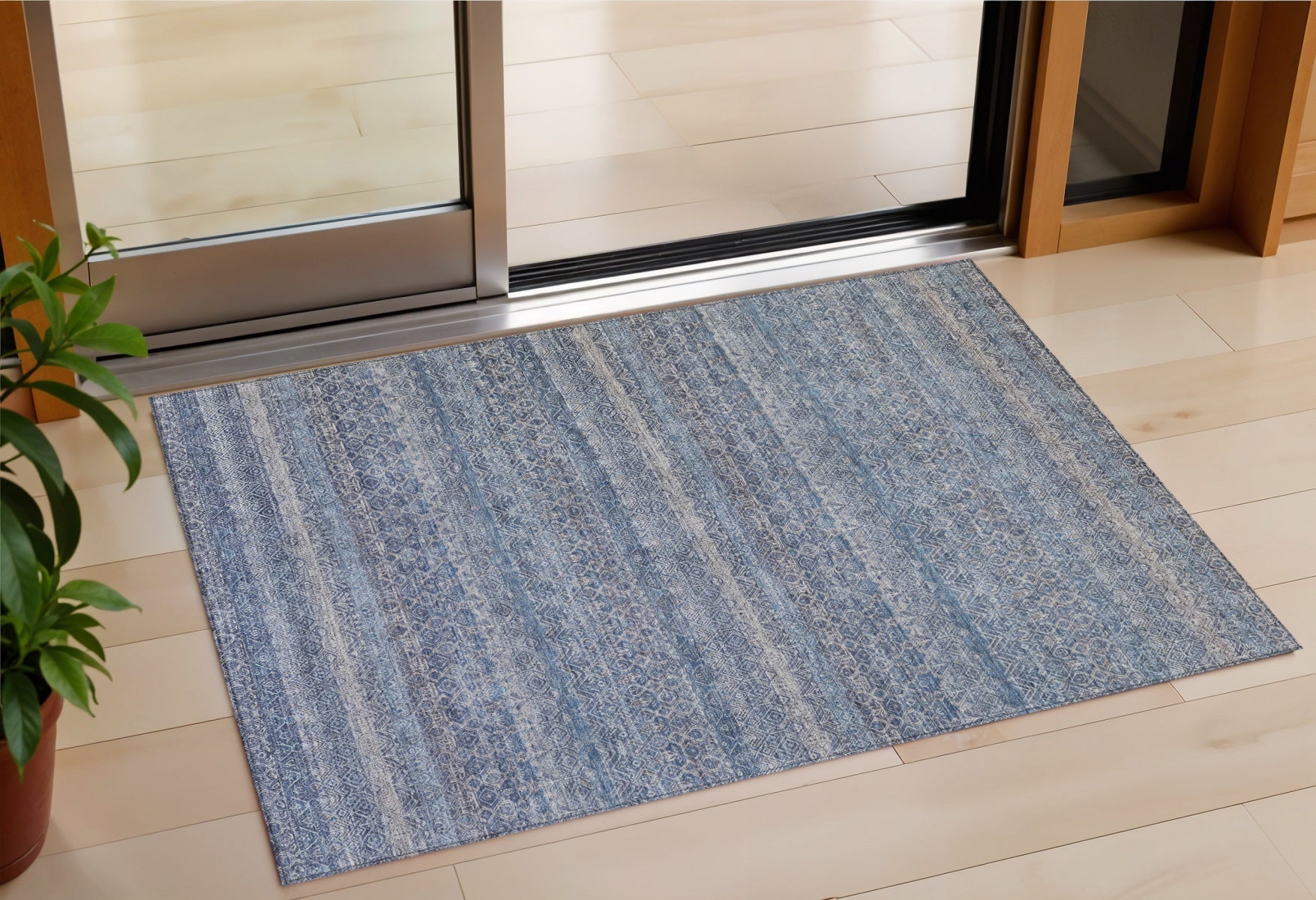 3 X 5 Blue And Sky Blue Striped Washable Indoor Outdoor Area Rug