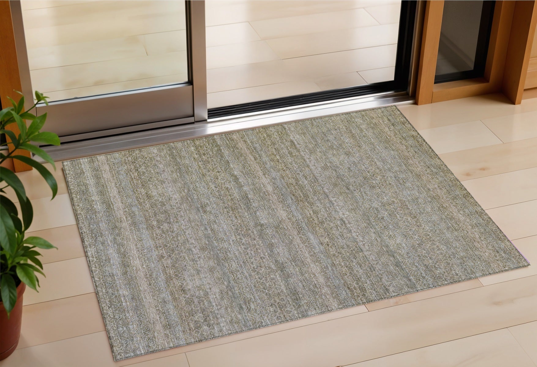 3 X 5 Khaki And Beige Striped Washable Indoor Outdoor Area Rug