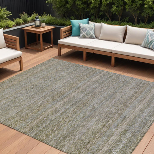10 X 14 Khaki And Beige Striped Washable Indoor Outdoor Area Rug