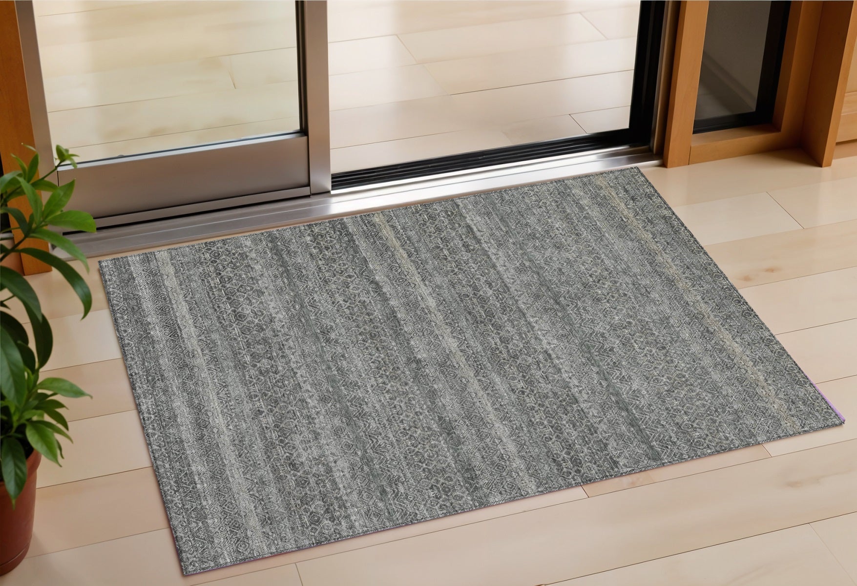 3 X 5 Pewter And Gray Striped Washable Indoor Outdoor Area Rug